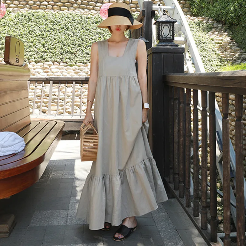 

Johnature Summer New Plus Size Korean Women Long Dresses 2019 Sleeveless Ruffles Solid Color Casual Beach Vacation Loose Dress