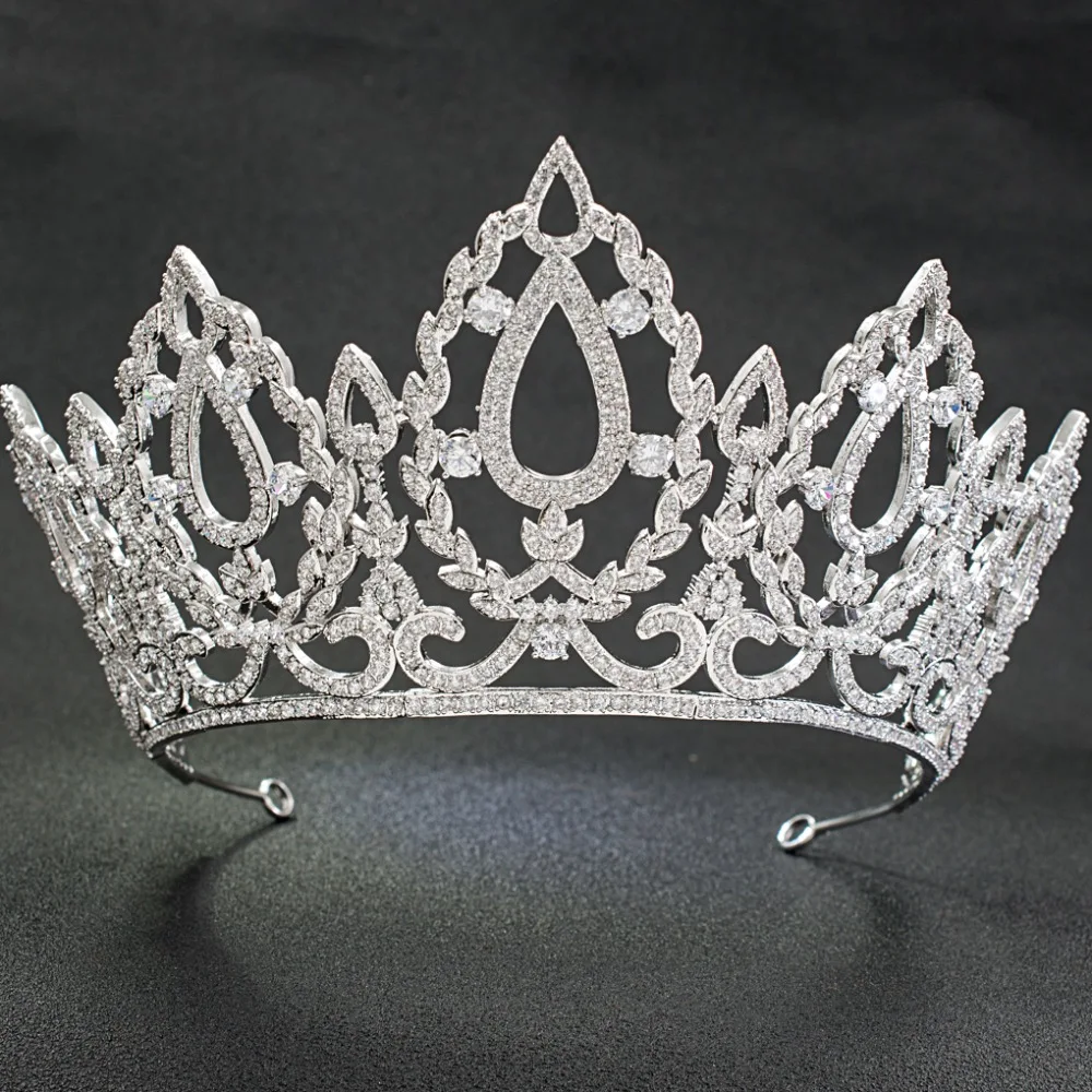 

9.2cm Height Big CZ Cubic Zirconia Wedding Bridal Silver Tiara Diadem Crown Women Girl Prom Party Hair Jewelry Accessories HG215