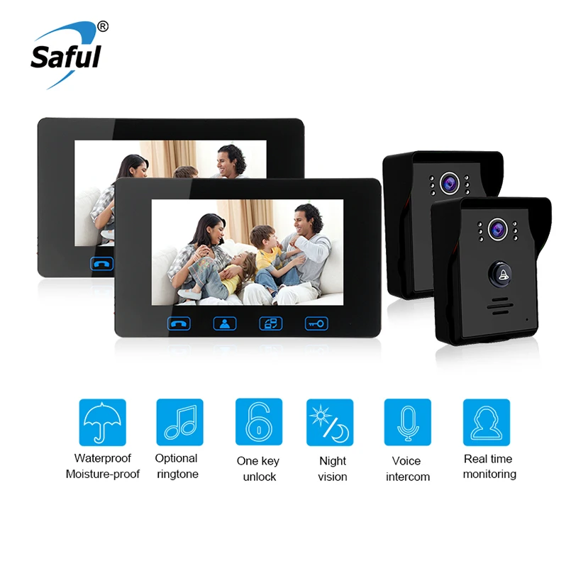 

Saful 7''Wired Video Door phone Waterproof video doorbell intercom with Night Vision push Button Electric Function door camera