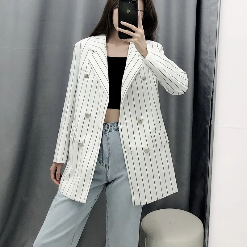 Women suits Autumn 2019 New Fashion Stripe Blazer and Pants Elastic Waist Capri Double Breasted Outwear Office Lady Sets