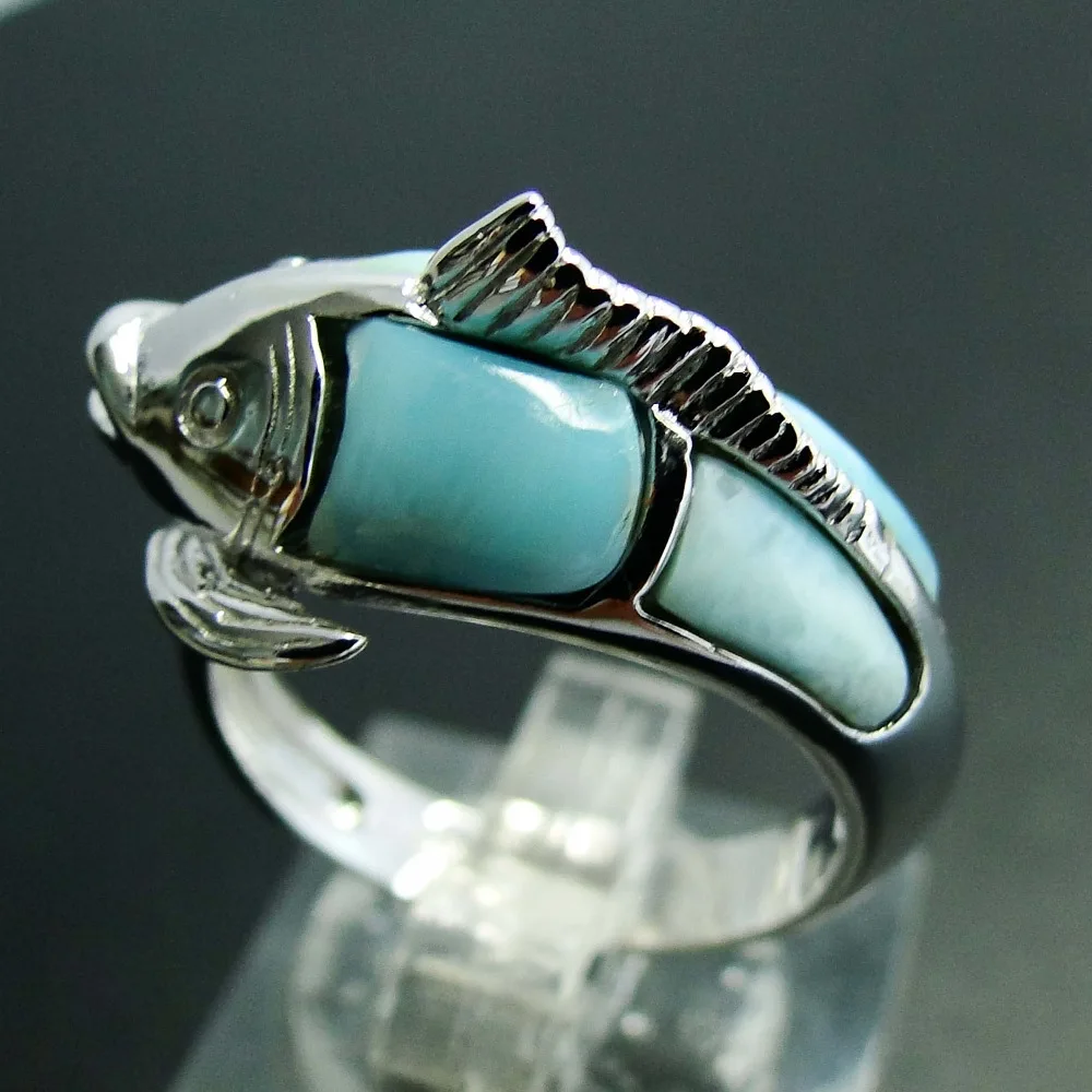 Натуральный Larimar кольца античный дизайн морская рыба женские кольца 925 пробы серебряные ювелирные изделия Larimar свадебные кольца