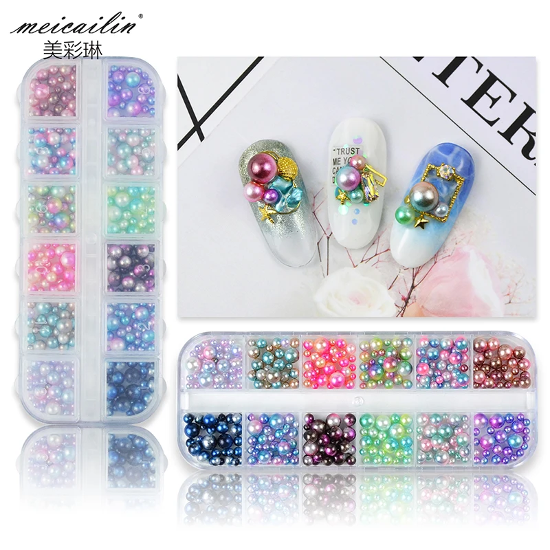 

1 Case Mixed Size Magic AB Mermaid Nail Pearls Round for Decoration Gradient Color Symphony Beads 3D Art Tip Manicure Tool Decor