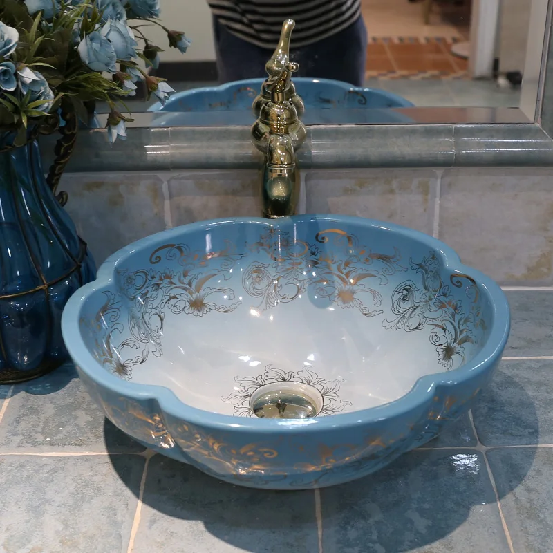 Europe Vintage Style Ceramic Art Basin Sinks Counter Top Wash Basin Bathroom Vessel Sinks