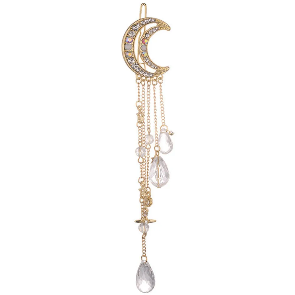 Fashion Elegant Women Lady Moon Rhinestone Crystal Tassel Long Chain Beads Dangle Hairpin Hair Clip Hair Jewelry - Image 4