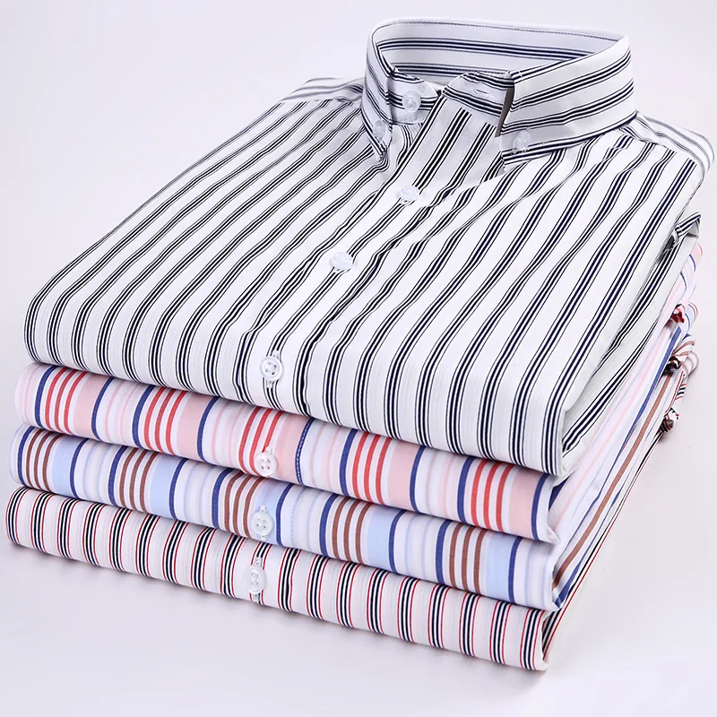 Мужские деловые рубашки с длинным рукавом в тонкую полоску, удобные стандартные рубашки из 100 хлопка, повседневные рубашки с воротником на пуговицах