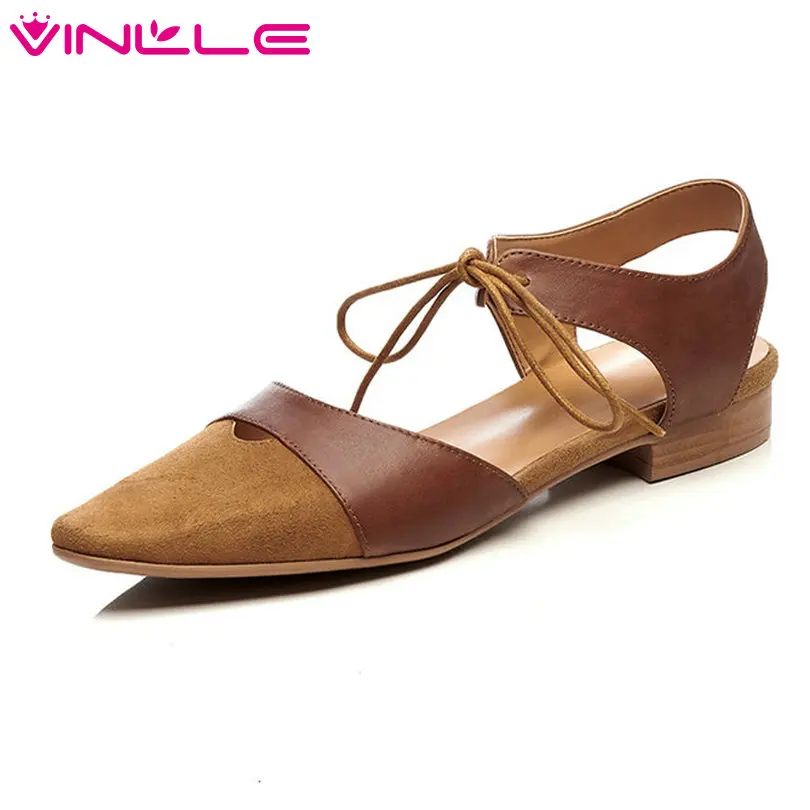 

VINLLE 2018 Shoes Women Kid Suede+ Genuine Leather Thin Low Heel Pointed Toe Platform Lace Up Ladies Wedding Pumps Size 34-39