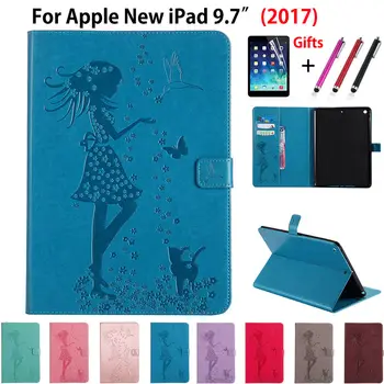 

Case For Apple New iPad 9.7 2017 2018 6th Generation Cases Cover A1822 Funda Tablet Girl Cat Embossed Capa Shell +Film +Pen