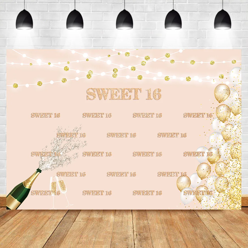 

NeoBack Sweet 16 Backdrop Girls 16th Birthday Photography Background Balloons Champagne 16th Birthday Party Banner Backdrops