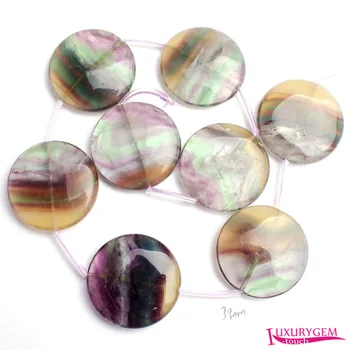 

High Quality 30mm Natural Multicolor Fluorite Stone Coin Shape DIY Gems Loose Beads Strand 8Pcs w3674