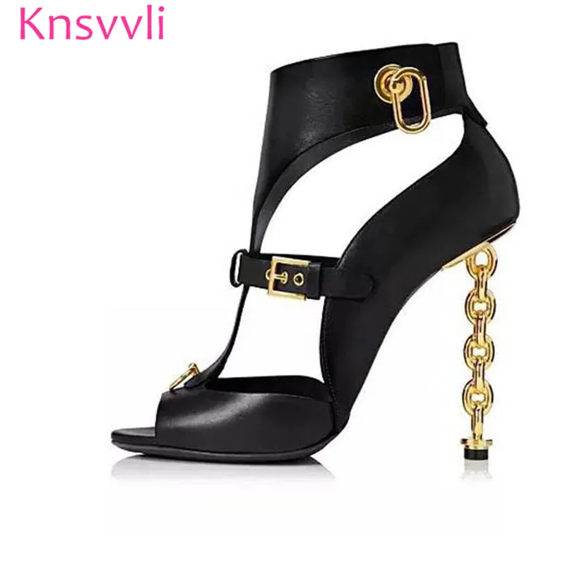 

New Metal Chain High Heels Sandals Women Belt Buckle Cut Outs Peep Toe Woman Strange Style heels Stage Shoes For Evening Party