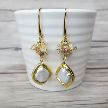 

3 Pairs Natural pearl Electroplated Gold color Earrings,Pave CZ Zirconia honeybee Charms Jewelry Findings Dangle Earrings ER577