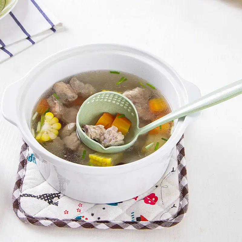FHEAL 2 in 1 Creative Wheat Straw Soup Spoon Long Handle Lovely Porridge Spoons with Filter Dinnerware Kitchen Colander Tools (13)