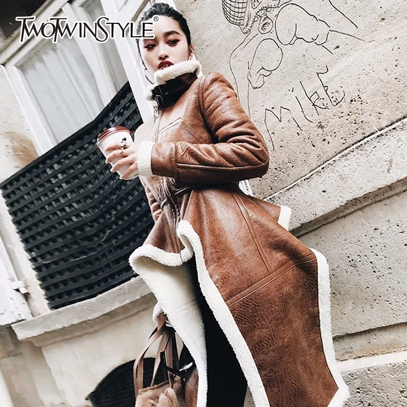 

TWOTWINSTYLE Irregular Fleece Coats Pu Leather Turtleneck Zipper Midi Long Coat Winter Thick Female Large Size Tide Clothing