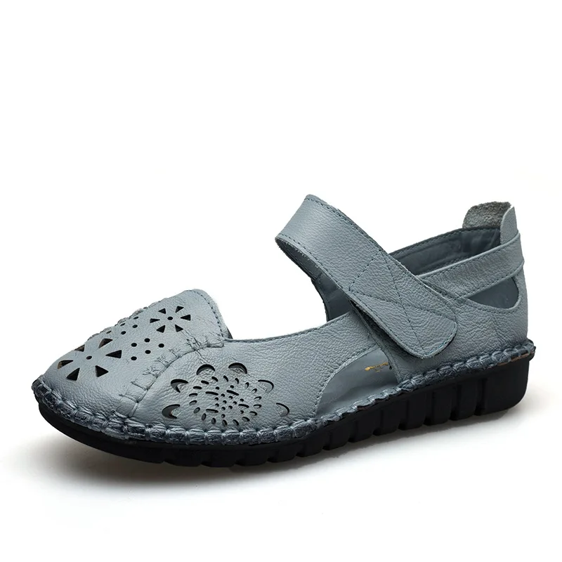 

Summer 2019 New Leather Sandals Women's Flat Bottom Hollow Retro Mother Shoes Soft Bottom Comfortable Handmade Women's Sandals
