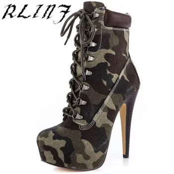 

RLINF Waterproof Platform Camouflage Yellow Lace Fashion Women's Booties