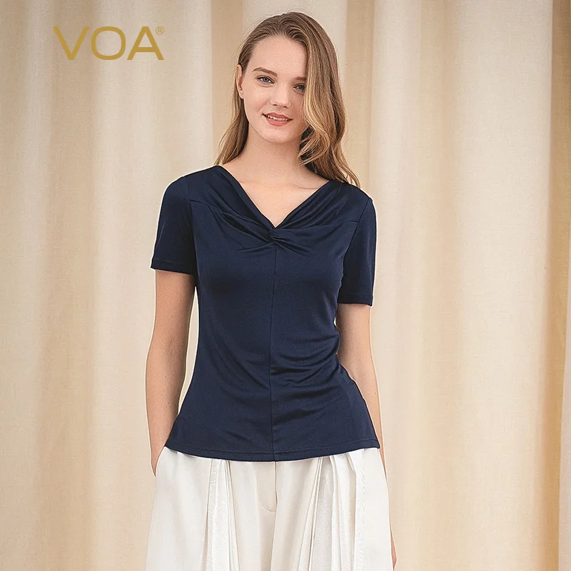 Свитер VOA темно синего цвета мягкая и комфортная тонкая футболка с коротким