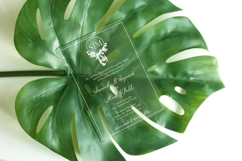

Modern transparent acrylic wedding invitation beach autumn floral invitation white screen