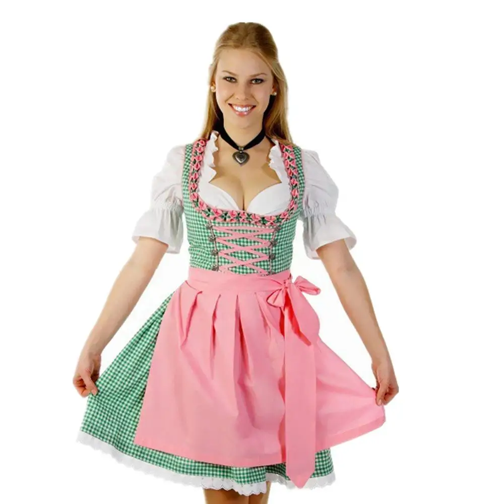 Зеленый плед взрослых Дамы пиво наряд баварский Октоберфест Dirndl короткие Wench нарядное платье