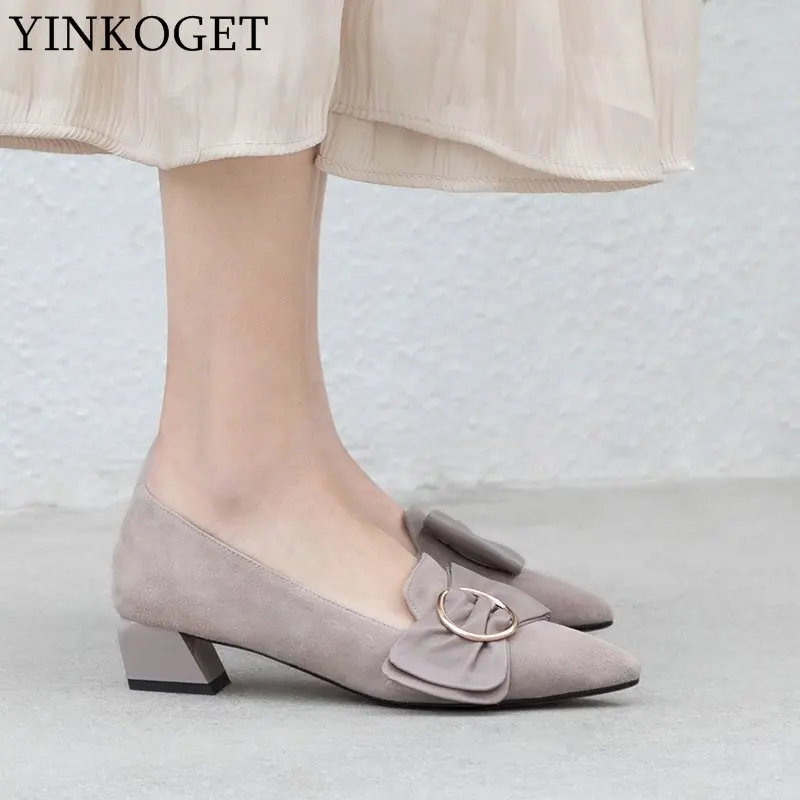 

YINKOGET soft sheepskin genuine leather women heels shoes casual fashion square toe spring comfortable high heel shoes woman