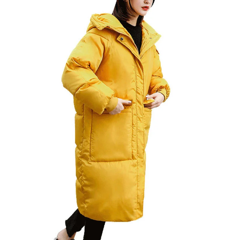 Yellow Long Parka Loose Winter Jacket Women Hoodies Thicken Parkas Down Cotton Winter Coat Abrigo Mujer Warm Jacket Female C5644