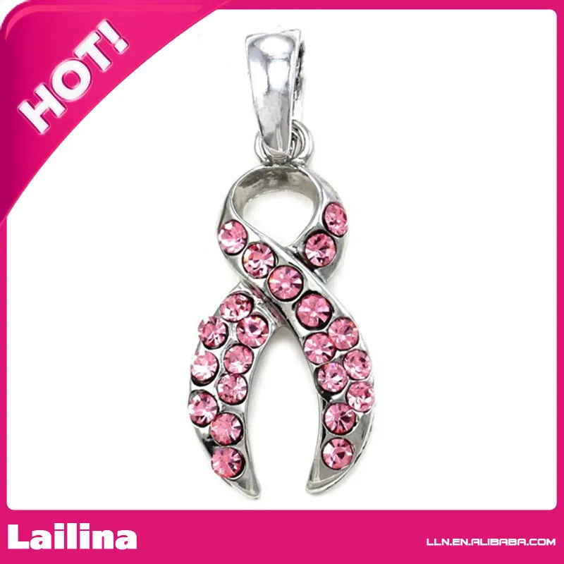 

Pink Ribbon Breast Cancer Awareness Charm Pendant Necklace Pink Rhinestones