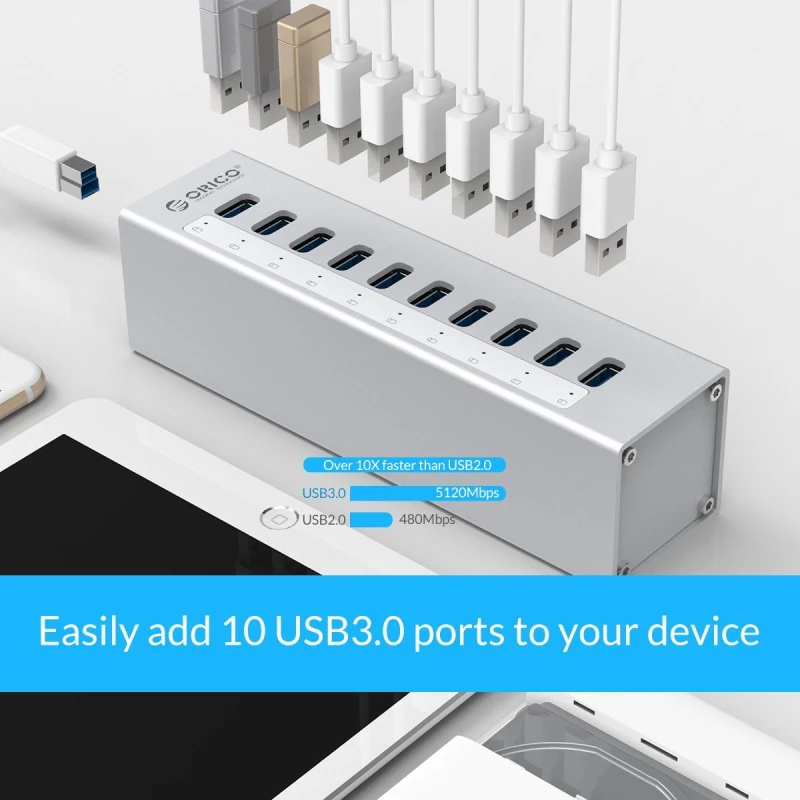 ORICO алюминиевый 10 портов USB3.0 концентратор высокая скорость 5 Гбит/с сплиттер с 12 В адаптер питания и 3.3Ft USB3.0 кабель серебро