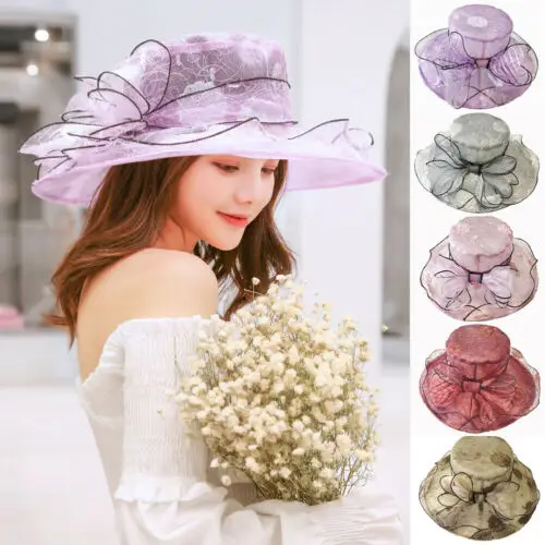 

Retro Women Wide Brim Kentucky Derby Sun Hat Wedding Party Church Organza Hats