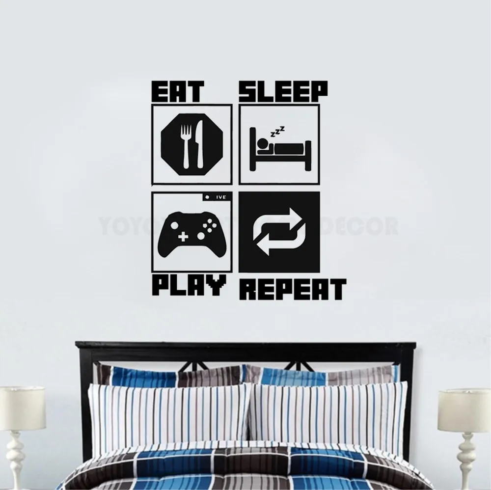 Spiele Wandtattoo Art Vinyl Gamer Wandaufkleber Eat Sleep Spielen wiederholen Spiel Zitate Wandtattoo Removable Kinderzimmer Wandbild