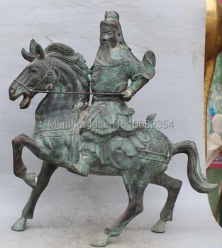 

24"Bronze Carved GuanGong Guan Gong Yu Hold Sword Buddha Ride On Horse Sculpture