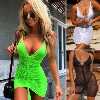 

2019 Summer Sexy Women's Bandage Bodycon Cover-Ups Sleeveless V-neck Mesh Sheer Transparent Mini Dress Bikini Cover Up Beachwear