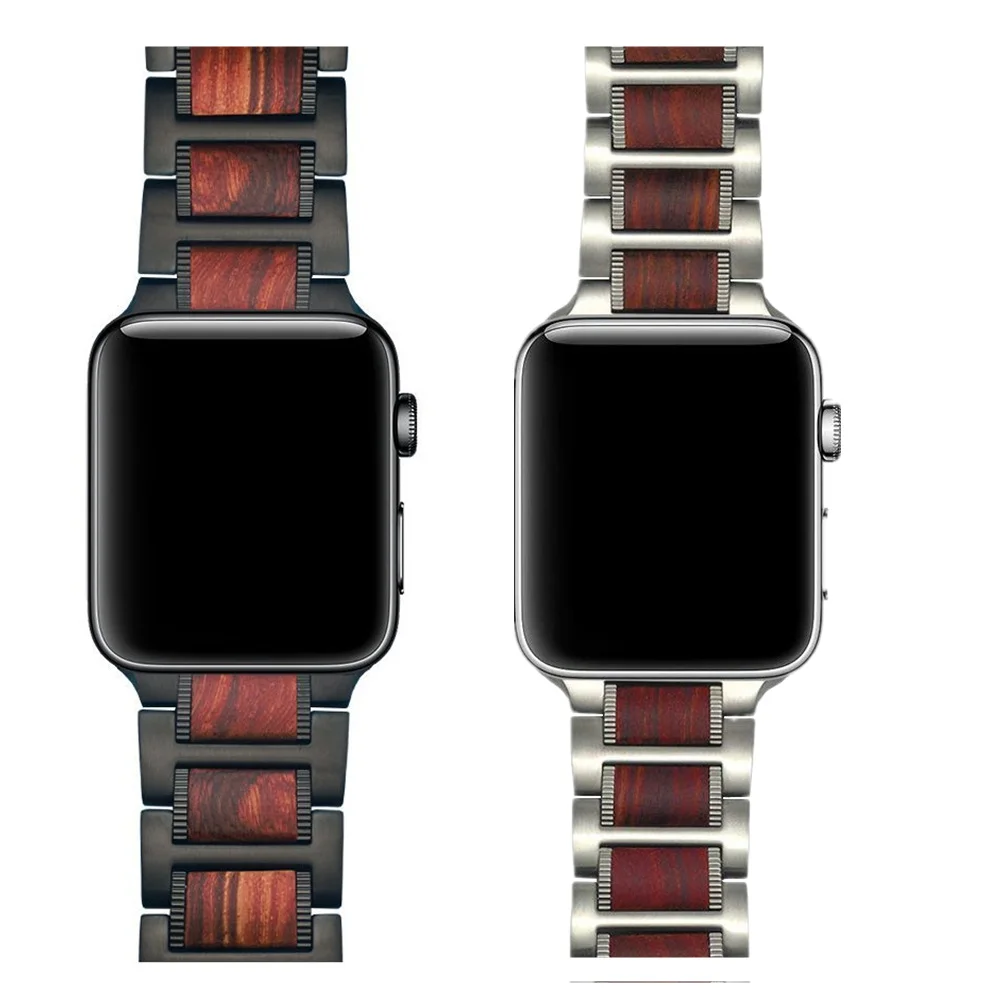 Деревянные ремешок для наручных часов Apple watch 5 4 полосным 44 мм 40 мм, для iWatch, версия 3, ремешок 42 мм, 38 мм, браслет из натурального красного сандалового дерева+ браслет из нержавеющей стали, версия 1, 2, 3, ремешок