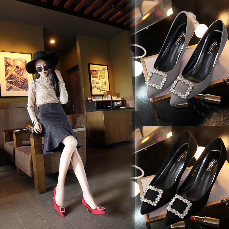 

Large size women's shoes 41 42 2019 new pointed shallow mouth stiletto suede high heels fashion women's casual single shoes