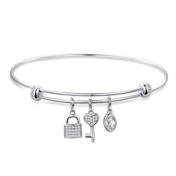 

Original Key & Lock Bangle 925 Sterling Silver Adjustable Bracelets Clear CZ Charm Bracelets For Women Luxury Jewelry BKB119