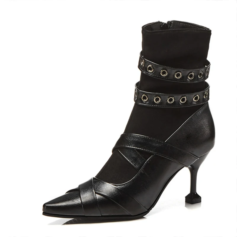 

Autumn and Winter Fashion Punk Tip High-heeled Boots Metal Decoration women black boots 2018