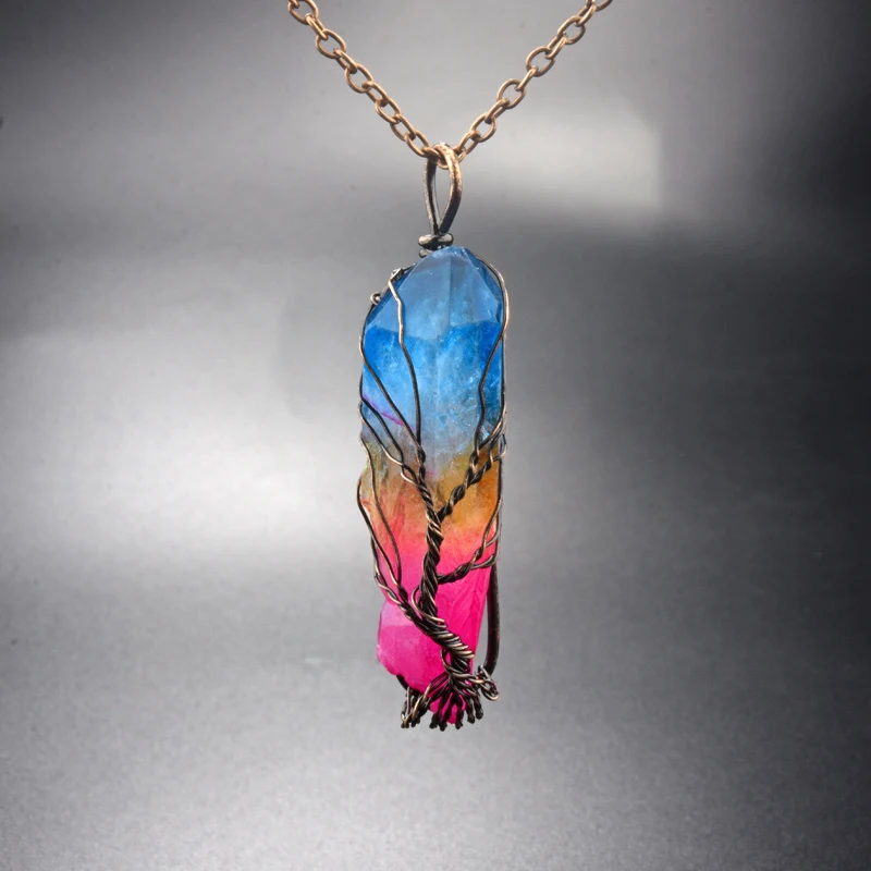 

Handmade 7Chakra Natural/Rainbow Stone tree of life Pendant Necklace for Women Men long chain statement Jewelry Gift
