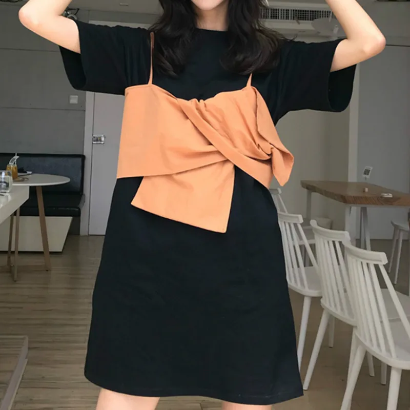 

Neploe 2 Piece Sets Womens Outfits Solid Irregular Length Camis+Loose O-Neck Short Sleeve Mini Dresses Fashion Suits 43665