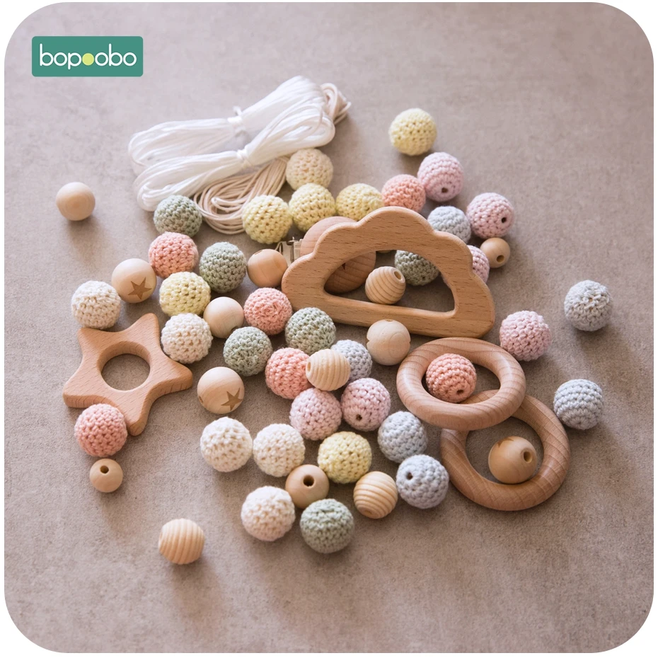 Bopoobo 1Set Baby Teether DIY Silicone Beads Pacifier Clip Chain Baby Mobile Wool ball BPA Free Wooden Crochet Beads Teether