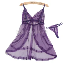 Сексуальное кружевное белье, ночная рубашка, ночная рубашка с стрингами для женщин, фиолетовый