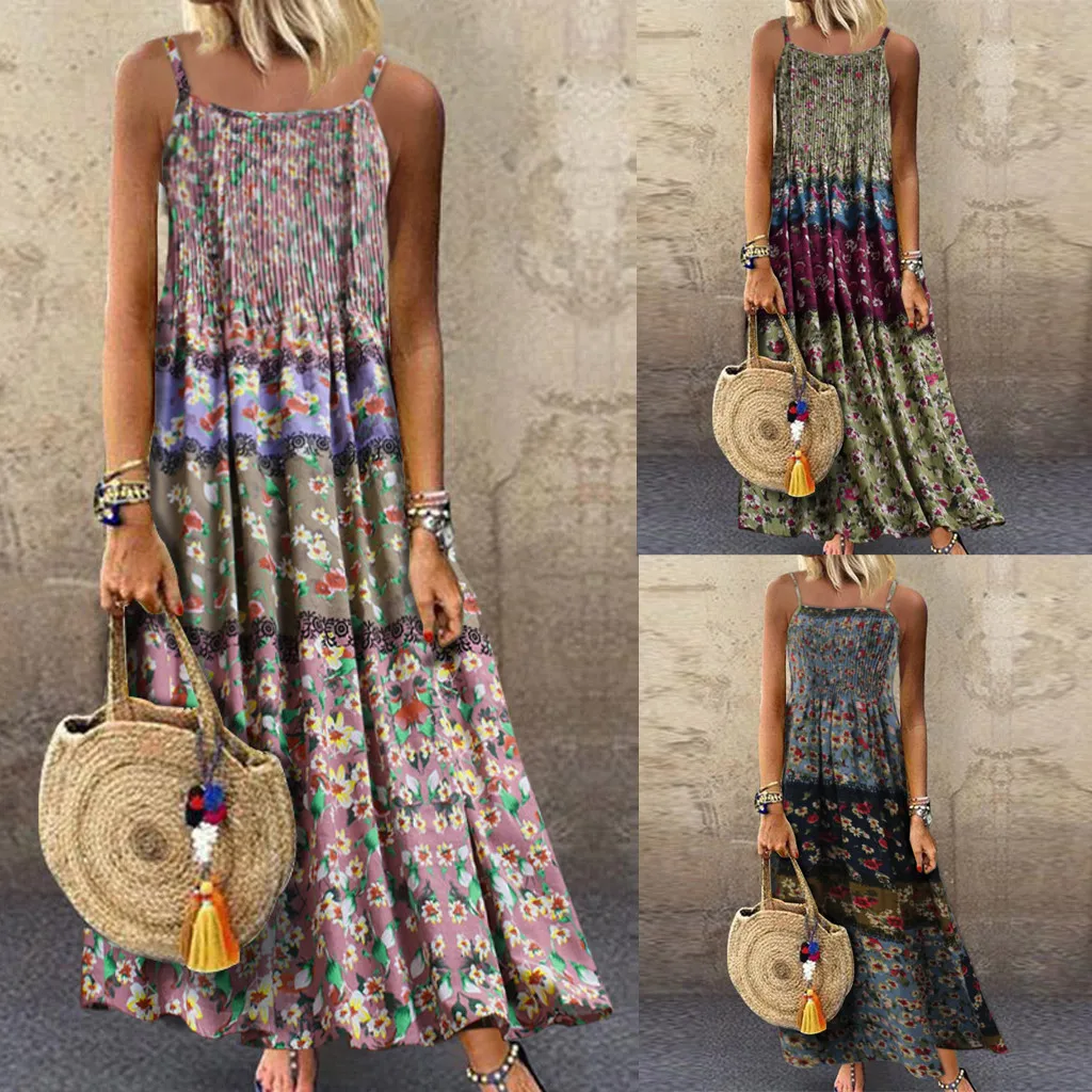 

Maxi Dress For Women Vintage Bohemian Print Floral National Style Sleeveless O-Neck Straps Long Dress Sleeveless Boho Style
