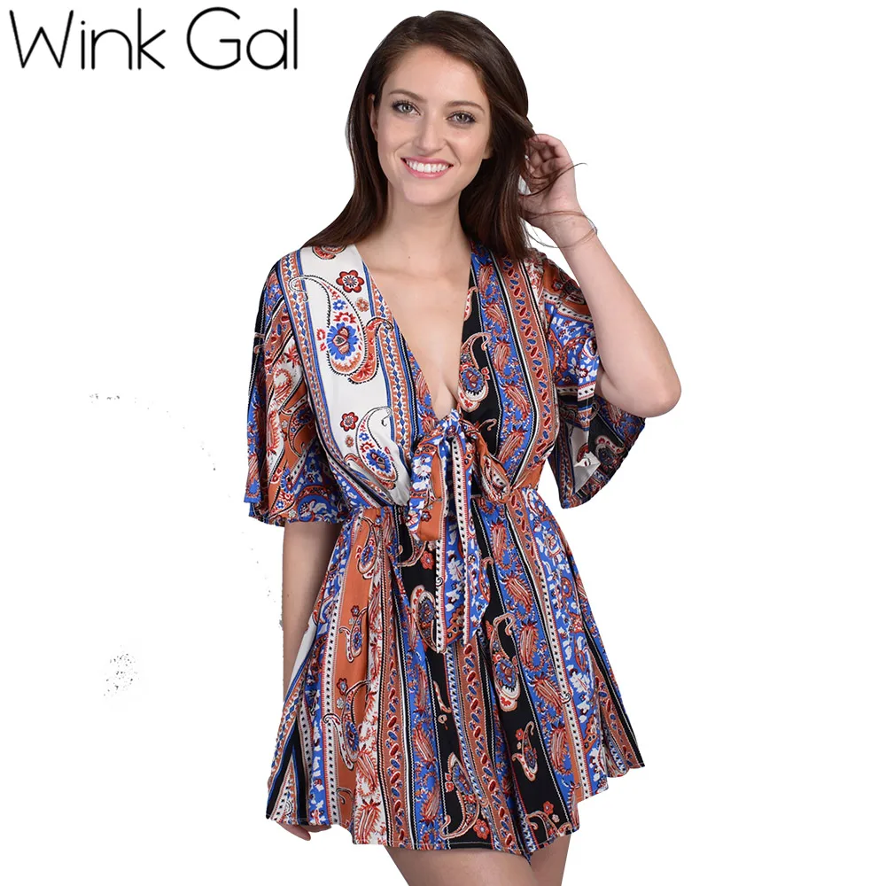 

Wink Gal 2018 Fashion Summer Rompers Womens Jumpsuit Bohemian Style Printed Half Sleeve V Neck Playsuit 3174