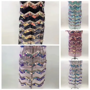 

5 yards high quality French tulle lace with black embroidery clothing material sequins African cord net guipure fabric glitter