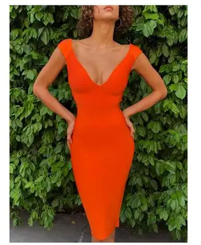 

Orange Color Ladies HL Bandage Dress Sleeveless Sexy Bodycon Mini Dress V-Neck Club Party Dress