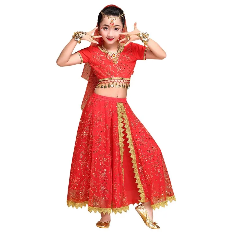 Детская Индийские танцевальные костюмы Дети танец живота Профессиональные Одежда для представлений для девочек Сценические костюмы для состязаний H4526