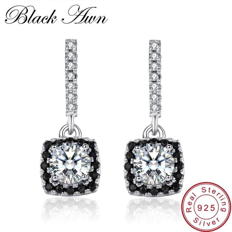 [BLACK AWN] 1.8g 925 Sterling Silver Fine Jewelry Engagement Stud Earring for Women Female Black