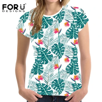 

FORUDESIGNS Funny Women Short Sleeve T Shirt Tropical Plant Design Summer Top Tee Shirts Round Neck Fitness Shirt Female Ladies