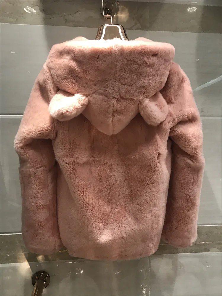 Зимнее пальто новая полнокожная натуральная Шуба из кролика Рекс короткая женская куртка на молнии с капюшоном натуральная верхняя одежда Меховые Пальто