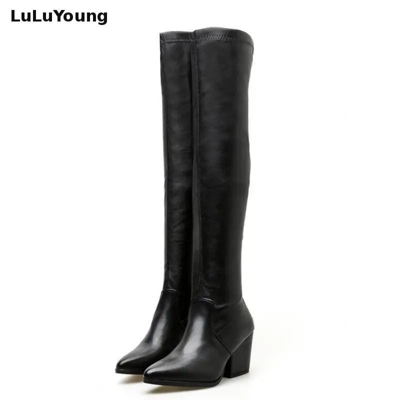 

Winter Pointed Block High Heels Knee Length Boots Over The Knee High Zippers Thin Legs Elastic Boots