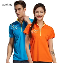 Aufdiazy для любителей спорта на открытом воздухе, быстросохнущая походная футболка с воротником на молнии для фитнеса, женская и мужская Спортивная Треккинговая футболка, OM005