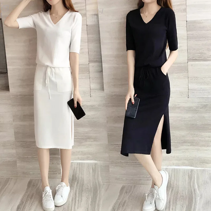 Fashion Casual Summer DressSolid black and white V-Neck Slim Dresses Length:Mid Dress Outfit Evening Party Fashion Casual Summer DressSolid black and white V-Neck Slim Dresses Length:Mid Dress Outfit Evening Party