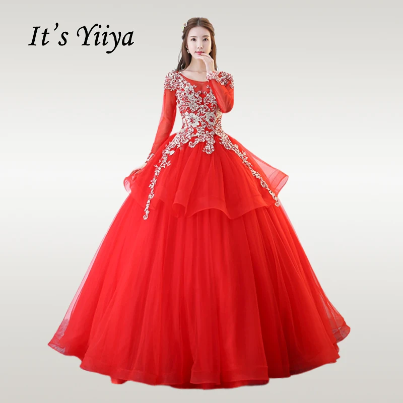 

It's YiiYa Wedding Dress 2019 Long Sleeve Embroidery O-neck Wedding Dresses Elegant Red Plus Size Lace Up Vestido de novia CH223